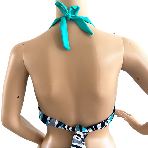 ZEROXPOSUR Blue Reversible Swimsuit Bikini Halter Top Floral Striped Padded - Picture 4 of 5
